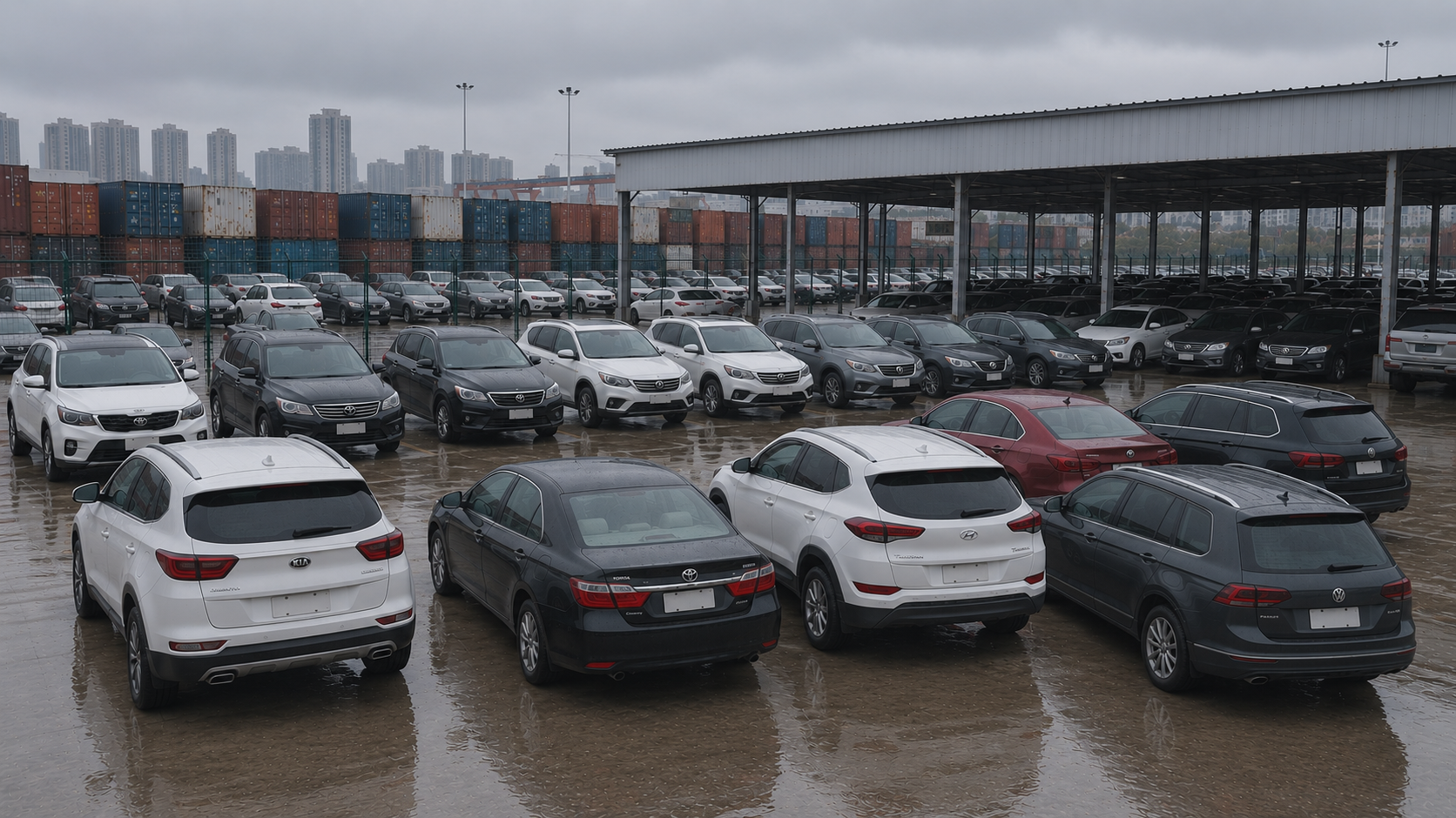 Used vehicles parked in a China export yard