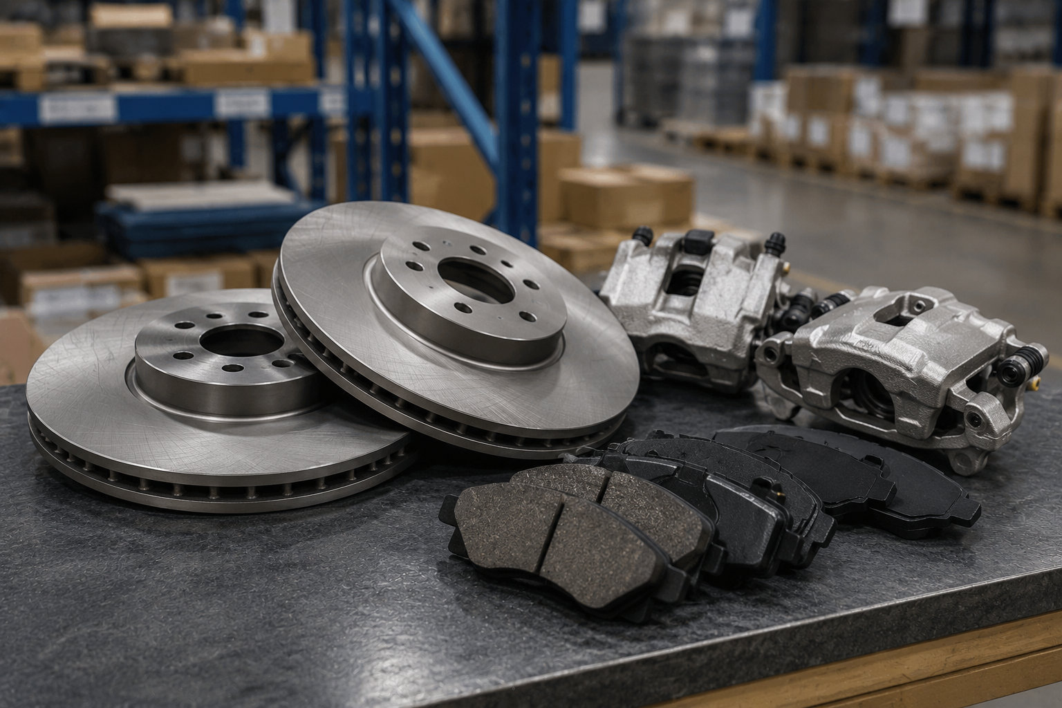 Brake discs, pads and calipers on a workshop table